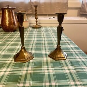 Vintage Pair 7 Tall Brass Candlesticks 4 Base Patina Candle Holders MCM Decor
